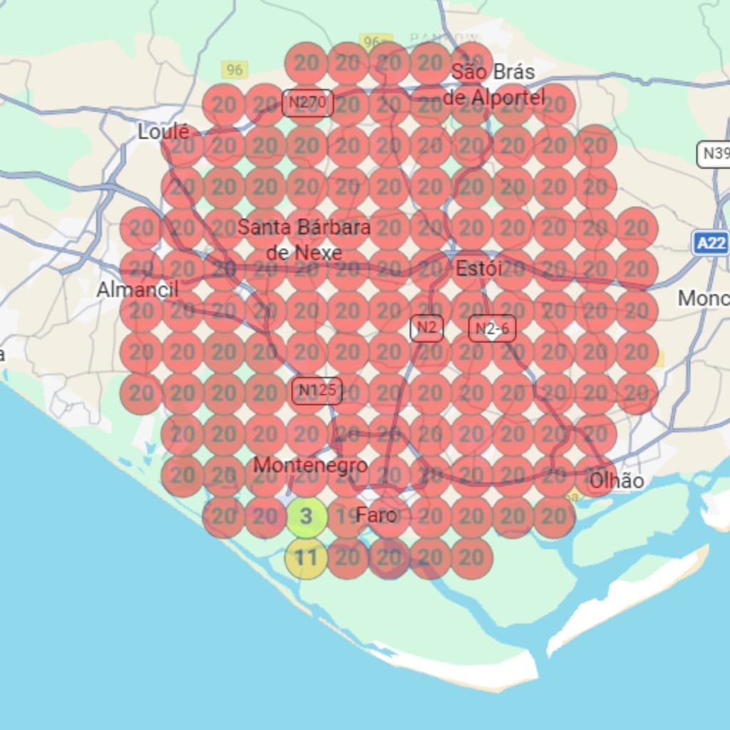 Mapa de rankings no Algarve antes: maioria das pesquisas em posição 20
